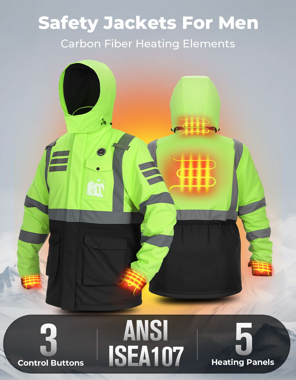 Men’s Heated Safety Jacket with Battery Waterproof Hi-Vis Winter Workwear