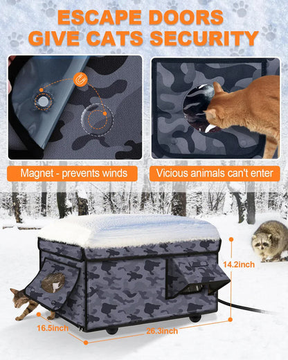 Heated Outdoor Cat House - Insulated Weatherproof Winter Shelter with Pad
