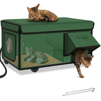 Heated Outdoor Cat House - Insulated Weatherproof Winter Shelter with Pad